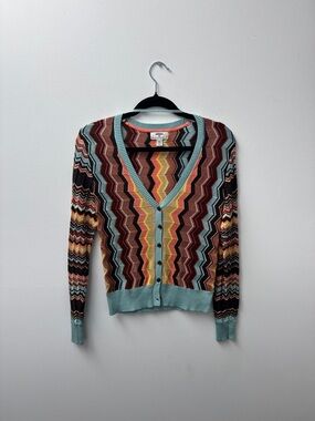 Missoni Multicolor Zigzag Cardigan with Aqua Trim